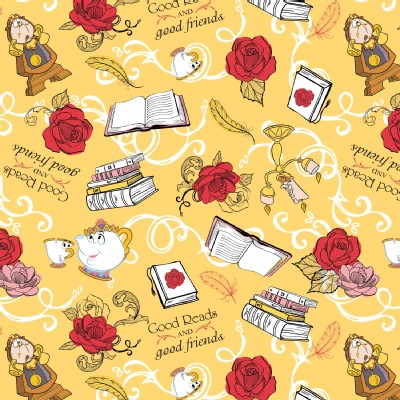 Camelot Fabrics - Disney Licensed - Beauty and the Beast - Friends  in Gold